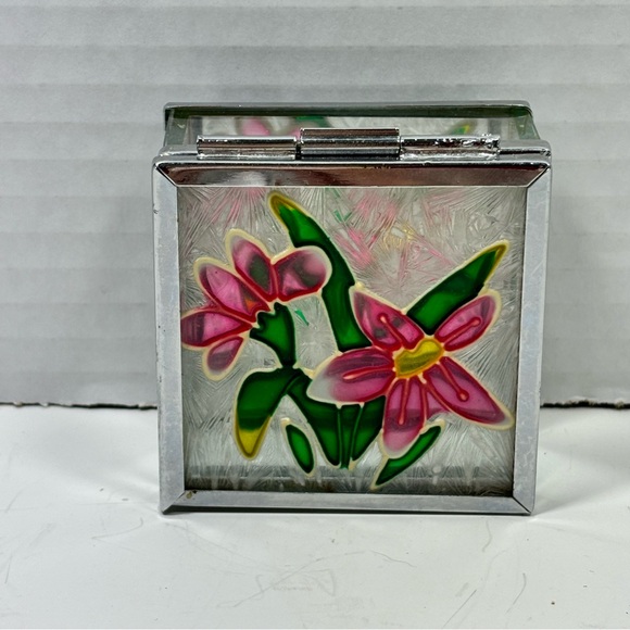 Stained Glass Pink Flower Jewelry Trinket Vanity Box Mirrored Bottom - Picture 7 of 11